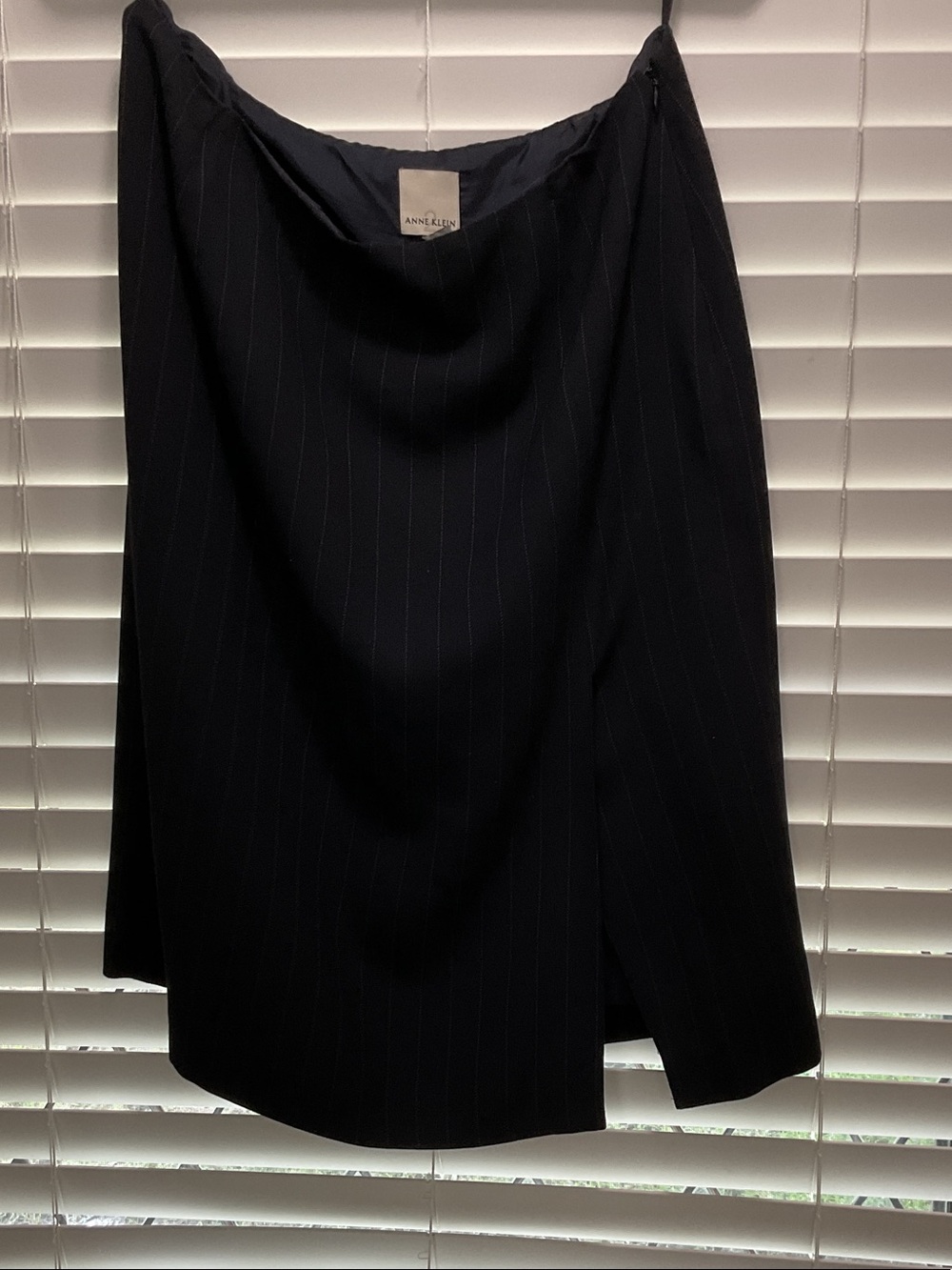 Anne Klein Black Pinstripe Midi Side zip Skirt with front kick pleat